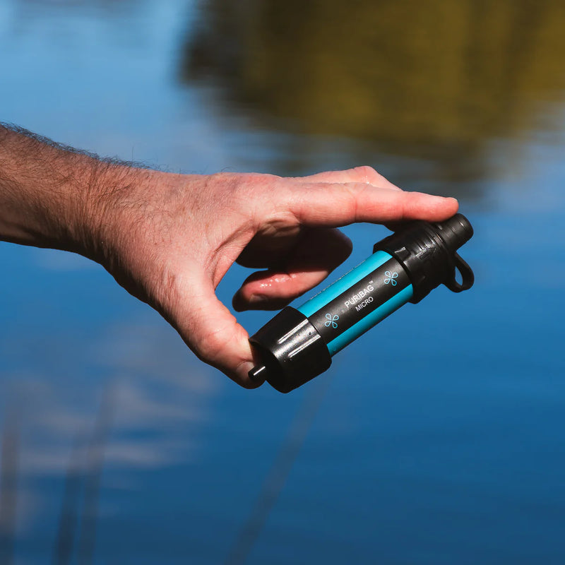 Black Puribag water purification bag for outdoor survival and emergency preparedness.