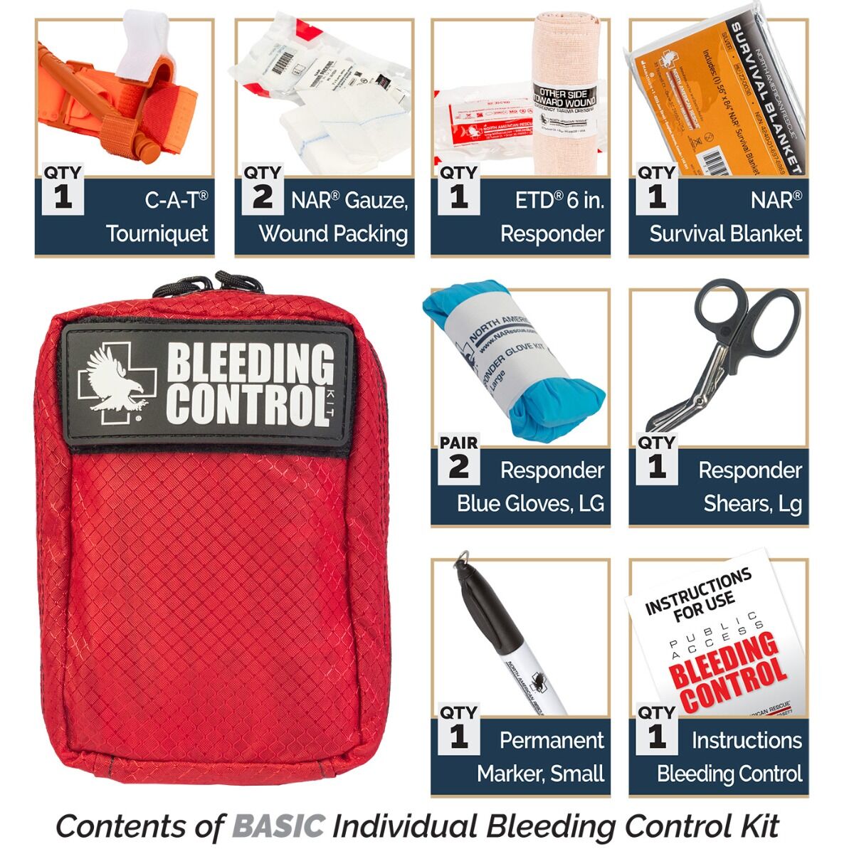 North American Rescue - Public Access Individual Bleeding Control Kit - Red Nylon Bag