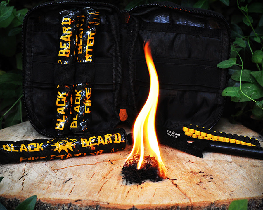 Outdoor survival gear assortment with tactical backpack, multi-tool, and emergency supplies on rugged terrain.