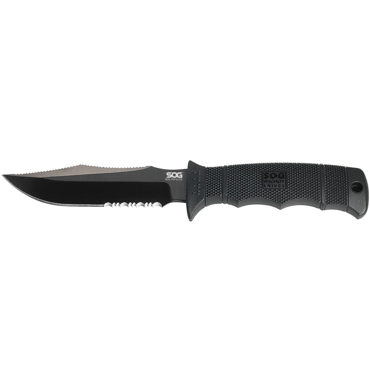 SOG - Seal Pup, Elite, Fixed Blade Knife, 4.85" Clip Point Partially Serrated Edge, Black, Includes Kydex Sheath