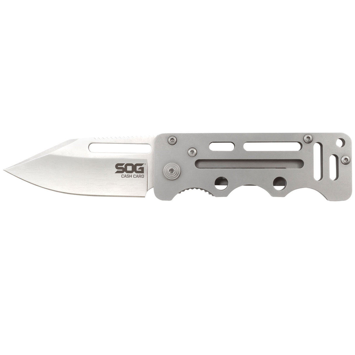 SOG - Cash Card, Folding Knife, 2.75" Clip Point Straight Edge, Silver Stainless Steel Handle, Satin Finish