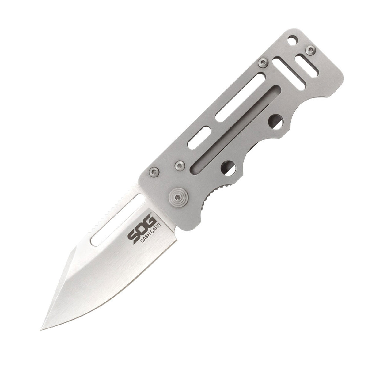 SOG - Cash Card, Folding Knife, 2.75" Clip Point Straight Edge, Silver Stainless Steel Handle, Satin Finish