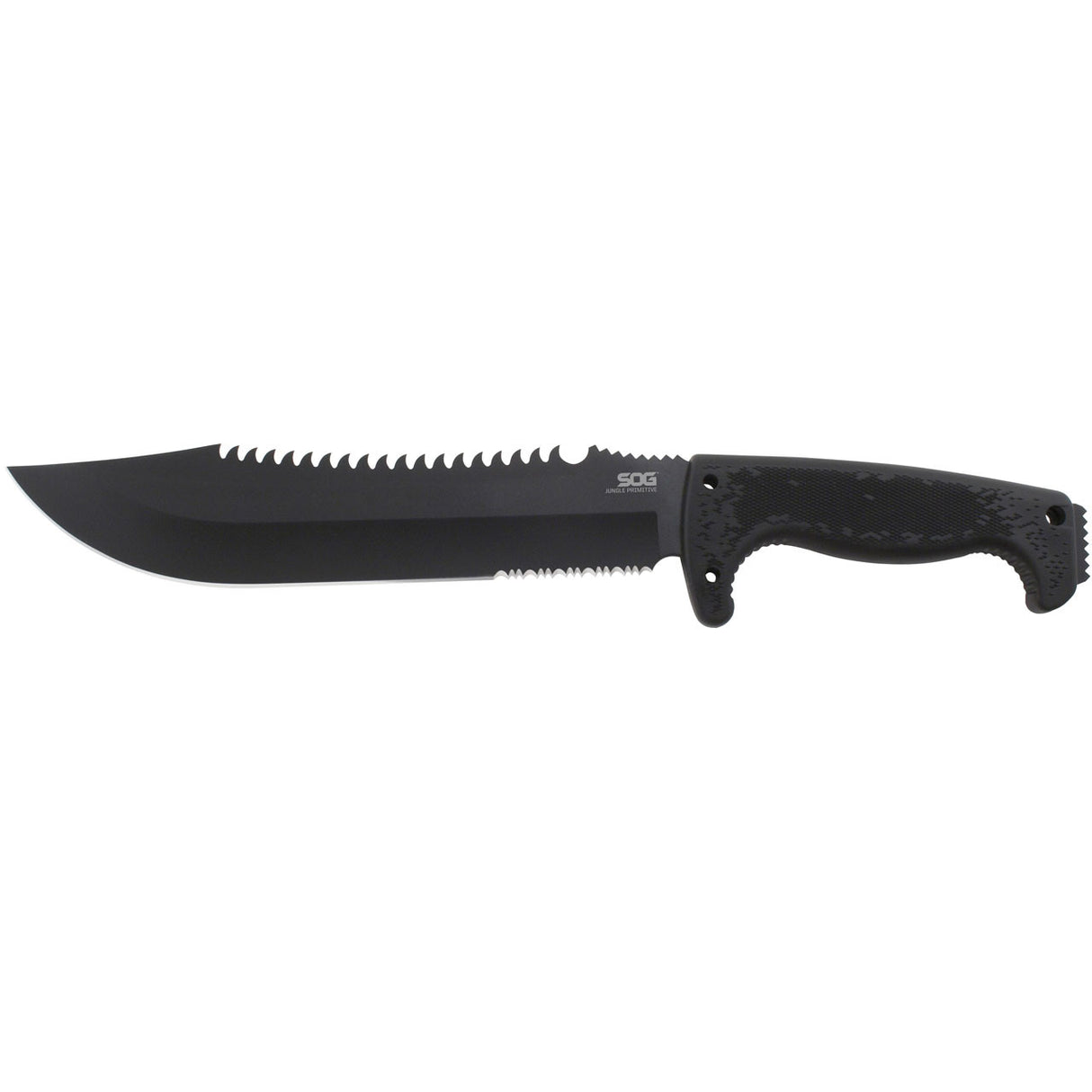 SOG - Fusion, Jungle Primitive, 9.5" Partially Serrated Clip Point, Black Glass Reinforced Nylon Handle, Hardcased Finish, Black, Includes Nylon Sheath
