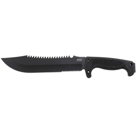 SOG - Fusion, Jungle Primitive, 9.5" Partially Serrated Clip Point, Black Glass Reinforced Nylon Handle, Hardcased Finish, Black, Includes Nylon Sheath