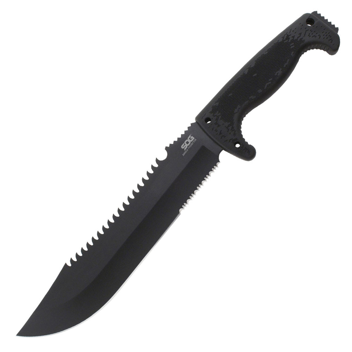 SOG - Fusion, Jungle Primitive, 9.5" Partially Serrated Clip Point, Black Glass Reinforced Nylon Handle, Hardcased Finish, Black, Includes Nylon Sheath