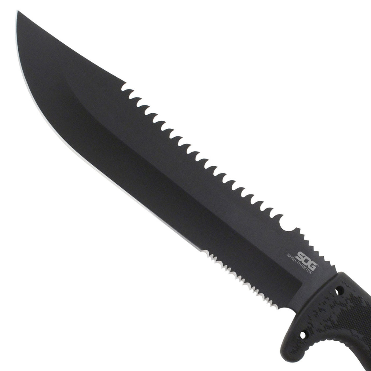 SOG - Fusion, Jungle Primitive, 9.5" Partially Serrated Clip Point, Black Glass Reinforced Nylon Handle, Hardcased Finish, Black, Includes Nylon Sheath