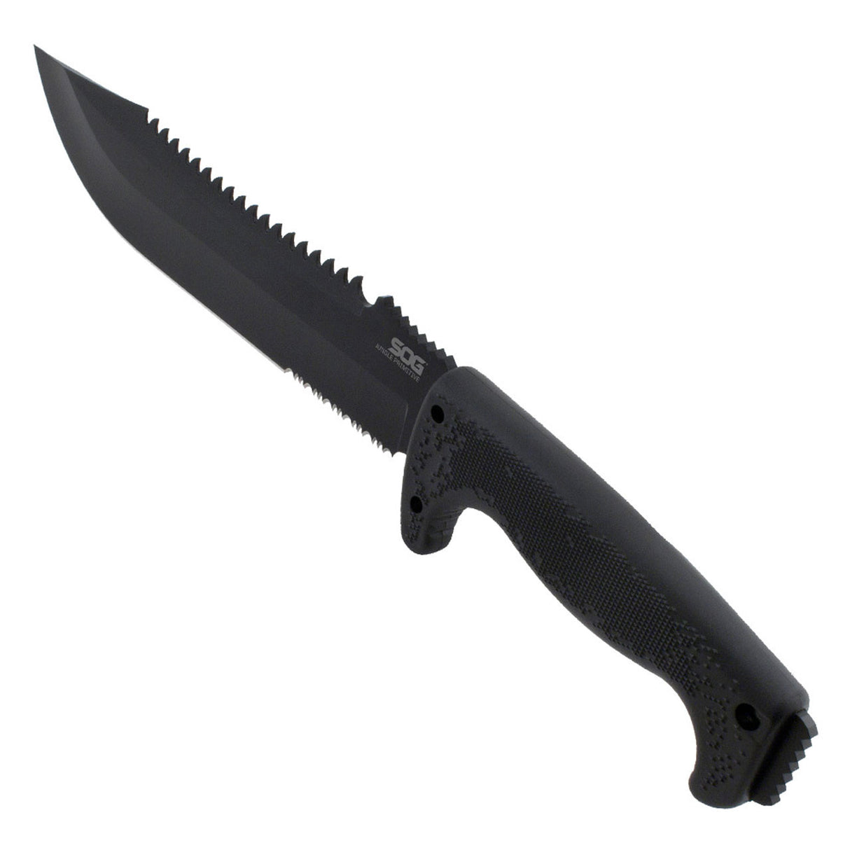 SOG - Fusion, Jungle Primitive, 9.5" Partially Serrated Clip Point, Black Glass Reinforced Nylon Handle, Hardcased Finish, Black, Includes Nylon Sheath