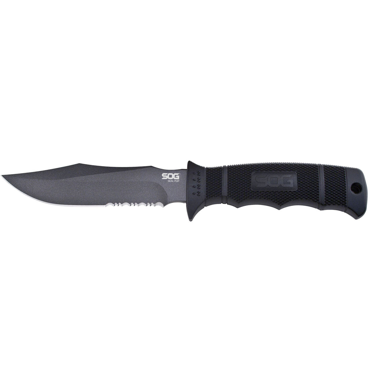 SOG - Seal Pup, Fixed Blade Knife, 4.75" Partially Serrated, Clip Point, Black, Includes Kydex Sheath