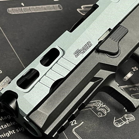 Tactical gray P320-GY-S02 flashlight with rugged design for outdoor survival and emergency preparedness.