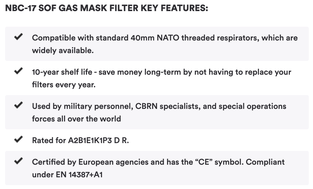 Mira Safety - Lightweight CBRN Gas Mask Filter NBC-17 SOF 40mm Thread - 10 Year Shelf Life