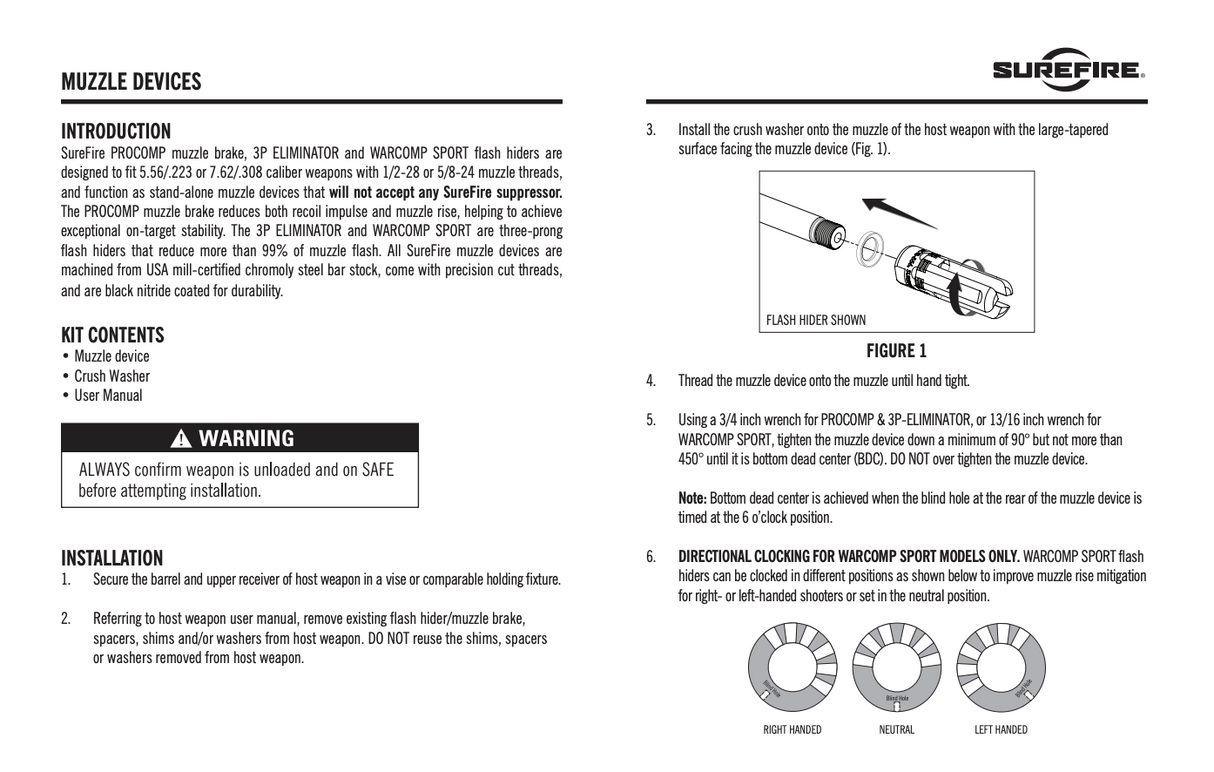 SureFire - WARCOMP SPORT Flash Hider (Non-Suppressor Adapter), Various Calibers and Thread Patterns