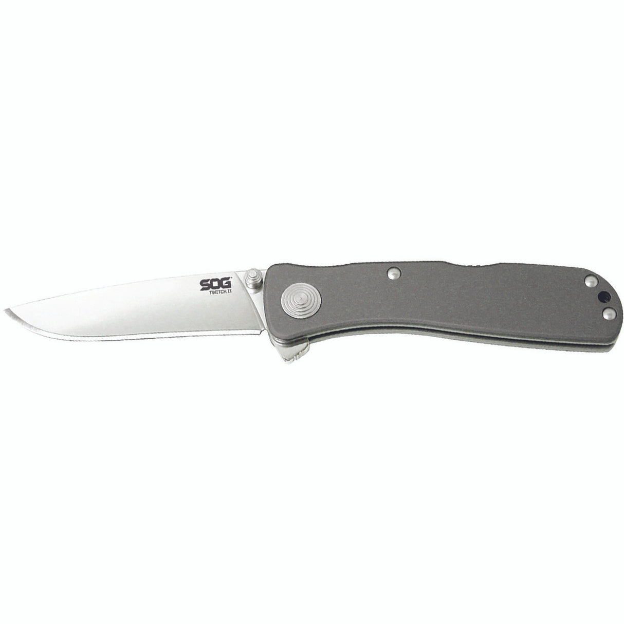 SOG - Twitch II, Folding Knife, 2.65" Drop Point Plain Edge, Gray Hard Anodized Aluminum Handle, Satin Finish, Silver