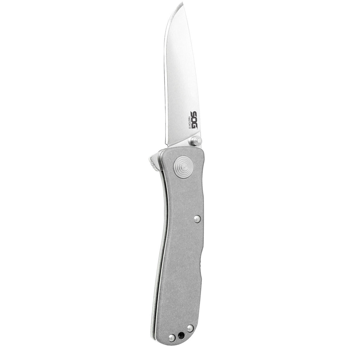 SOG - Twitch II, Folding Knife, 2.65" Drop Point Plain Edge, Gray Hard Anodized Aluminum Handle, Satin Finish, Silver
