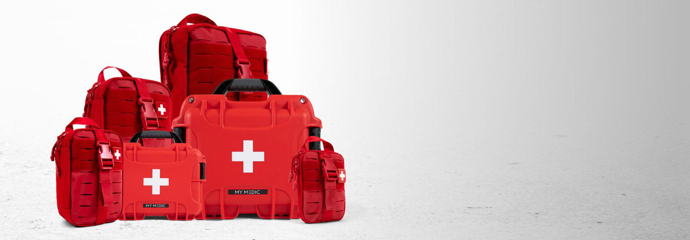 MyFAK first aid kit collection with tactical gear for emergency preparedness, displayed on a gradient background.