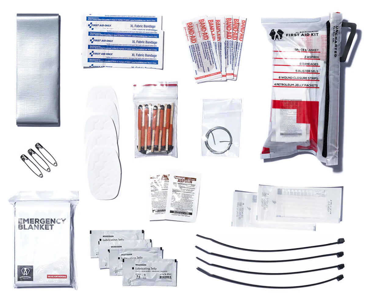 Triage kit layout with medical supplies for emergency preparedness and outdoor survival