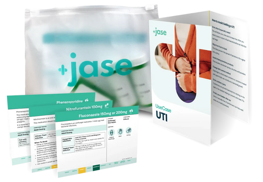 Jase UTI kit with medications, instruction cards, and emergency preparedness packaging for urinary tract infection treatment