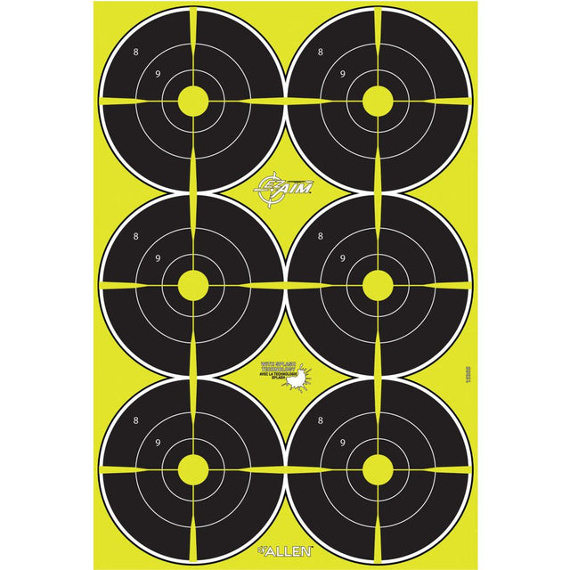 Allen Company - EZ Aim Splash Reactive Paper Shooting Targets, Bullseye, 6-Targets Per Sheet, 12.5"W x 18.25"H, 8-Pack, Black/Chartreuse