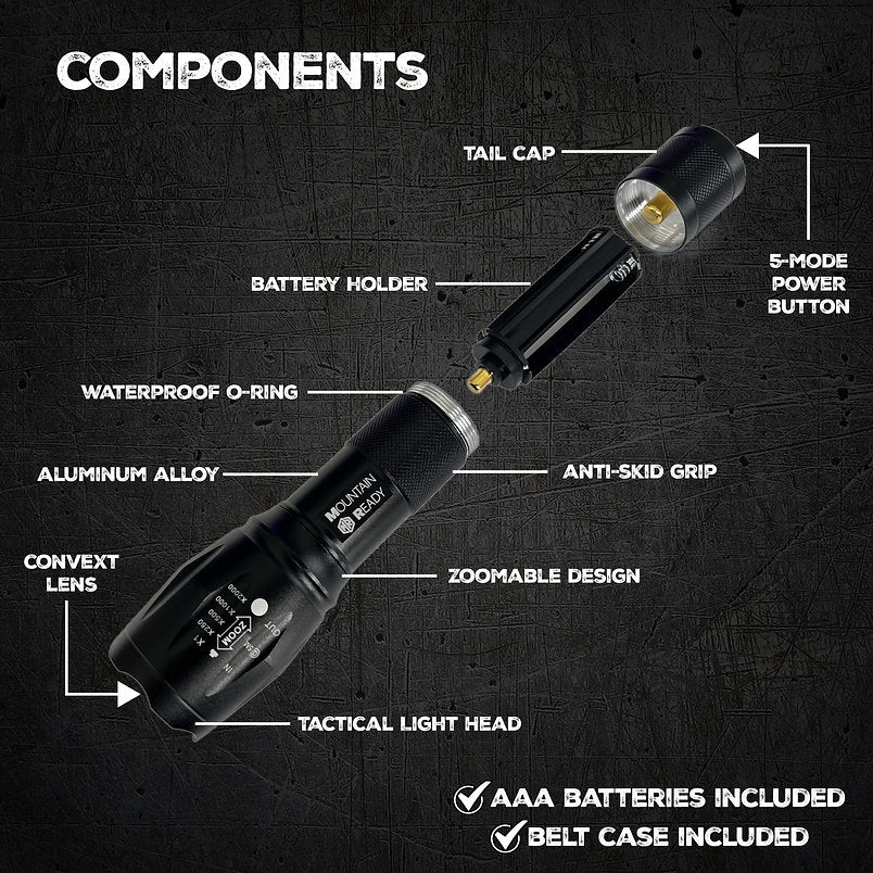 Mountain Ready LM1000 PRO - Zoomable, High Lumen 5-Mode Tactical LED Flashlight