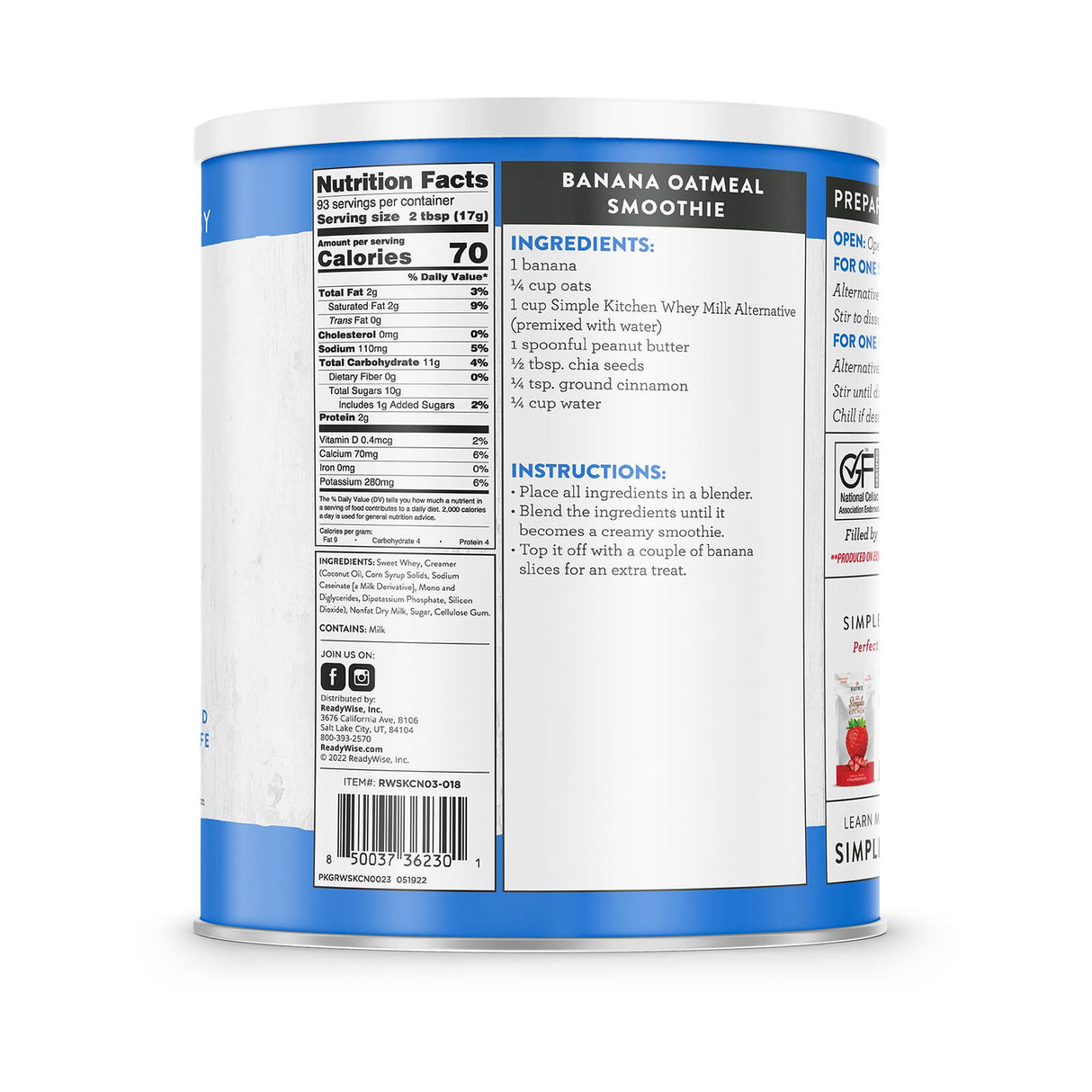 ReadyWise - Simple Kitchen Whey Milk Alternative - 93 Serving #10 Can