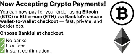 Banner promoting cryptocurrency payments for outdoor survival and tactical gear purchases.
