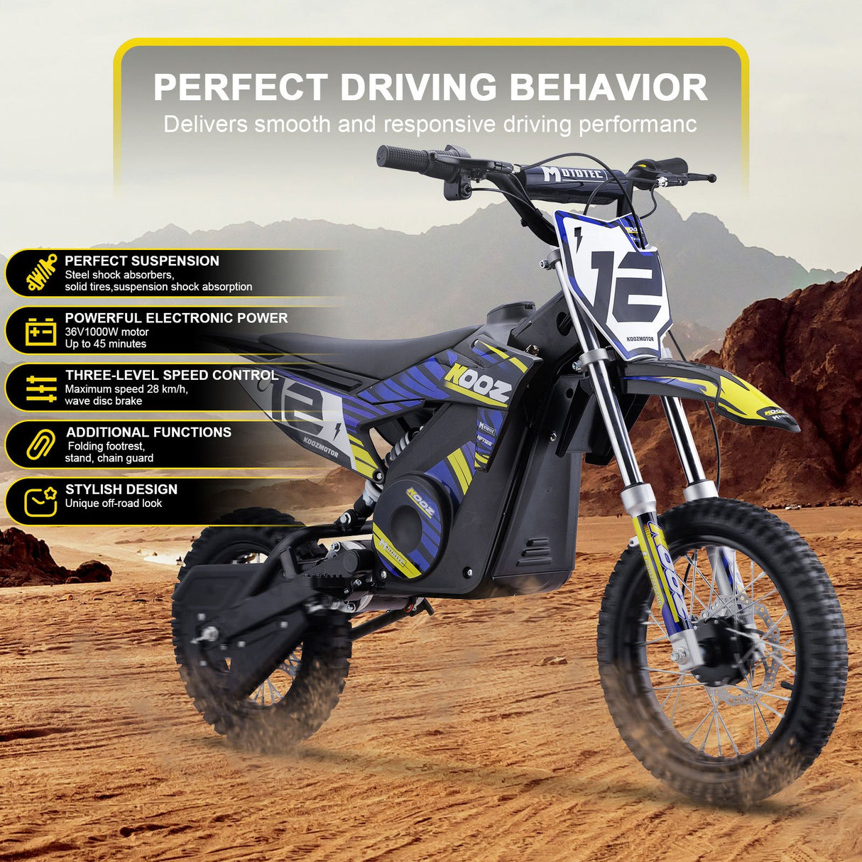 MotoTec 36v 1000w (HP112E) Electric Dirt Bike - Blue