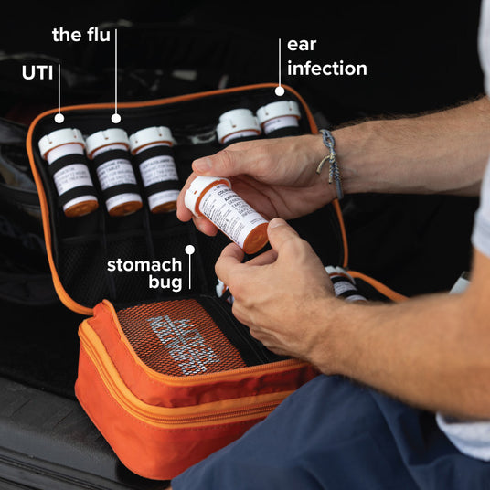 Emergency preparedness medications assortment for outdoor survival and tactical scenarios, featuring various medical supplies