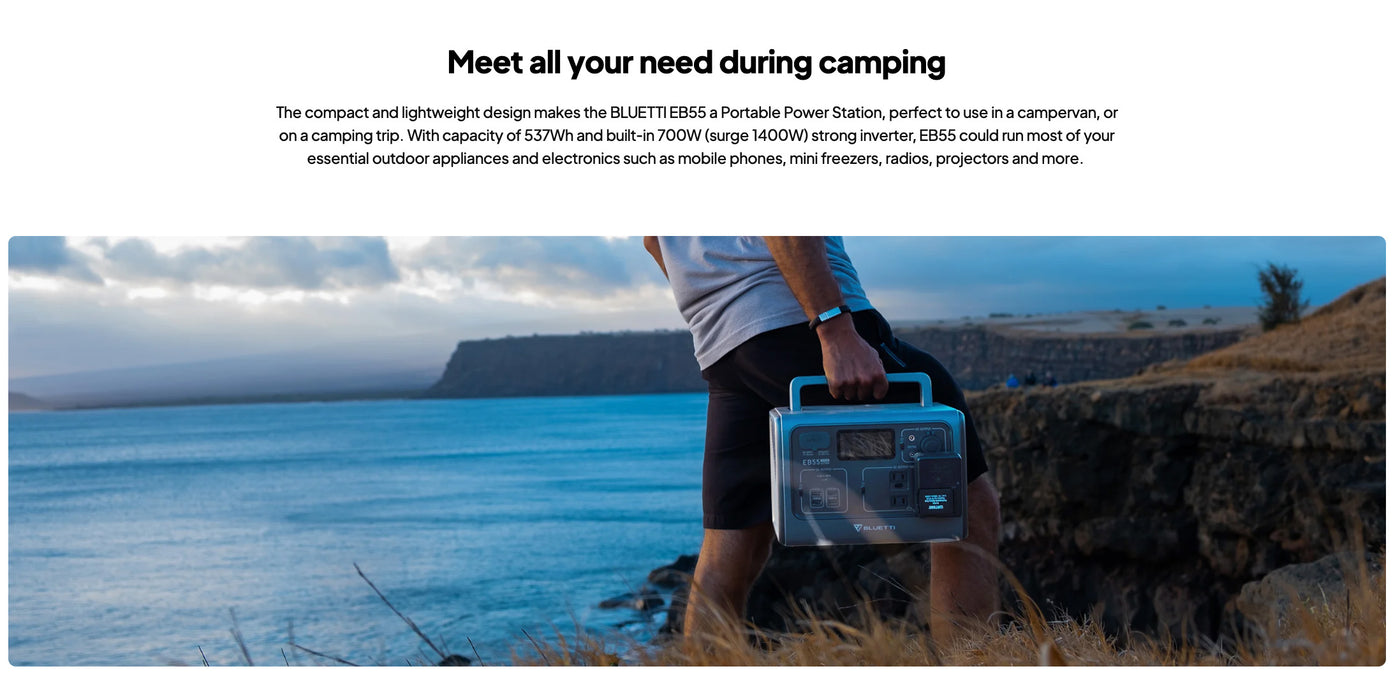 Portable power station for outdoor survival and emergency preparedness, model EB55, showcasing compact design and features.