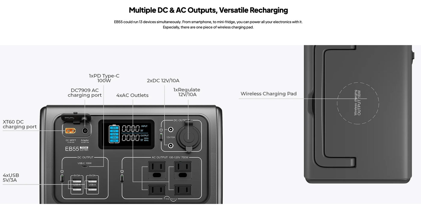 Portable power station with digital display and multiple charging ports for outdoor survival and emergency preparedness.