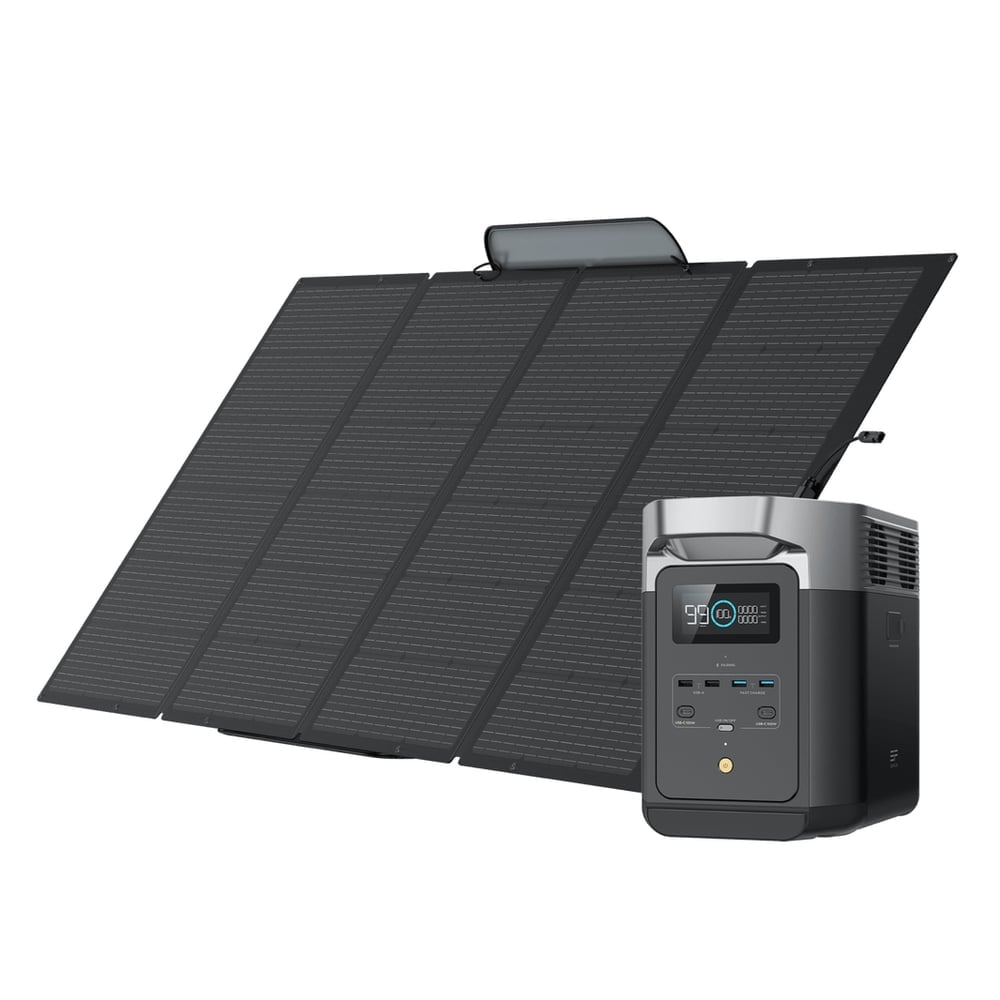 EcoFlow Delta 2 portable power station with 400W solar panel for outdoor survival and emergency preparedness.