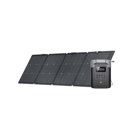 EcoFlow Delta 2 portable power station with 220W solar panel for outdoor survival and emergency preparedness.