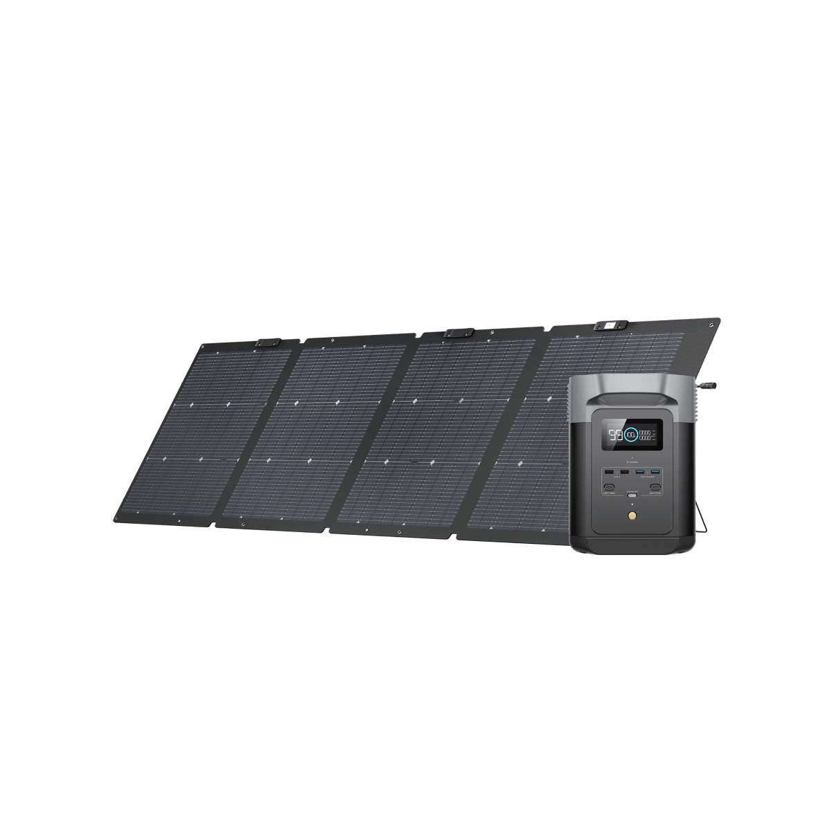 EcoFlow Delta 2 portable power station with 220W solar panel for outdoor survival and emergency preparedness.