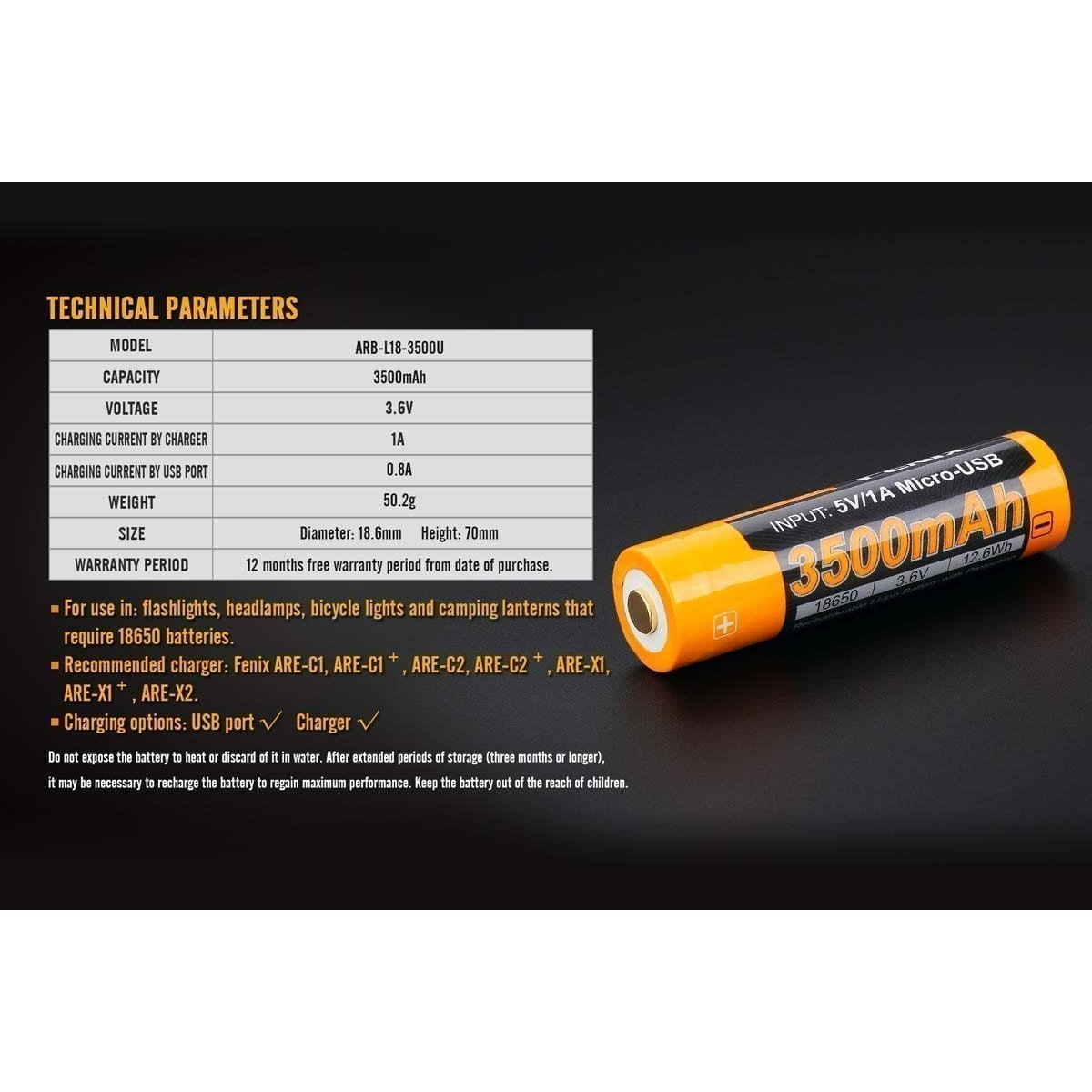 FENIX - ARB-L18-3500U USB Rechargeable 18650 Battery