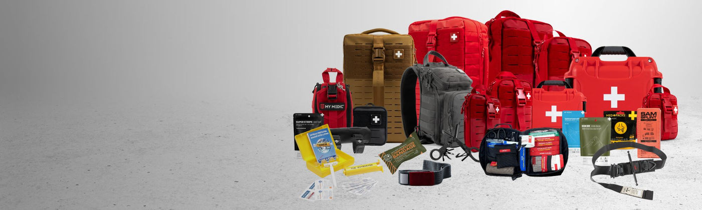 First aid kit with survival gear on gradient background for emergency preparedness