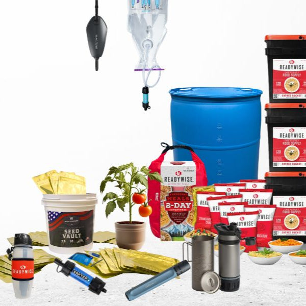 Emergency food and water supplies for outdoor survival and preparedness