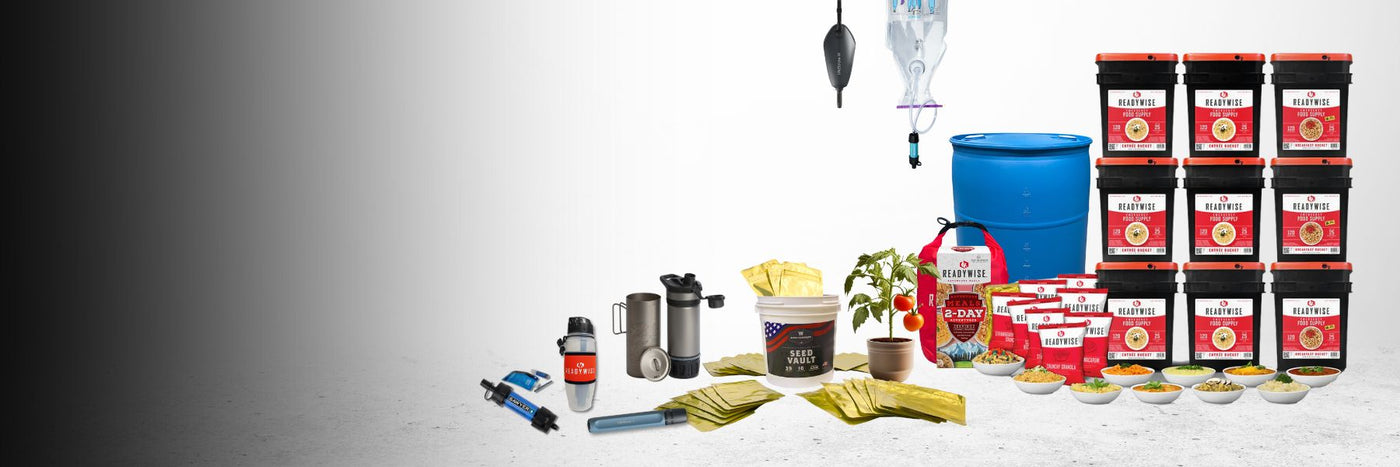 Emergency food and water supplies for outdoor survival and preparedness