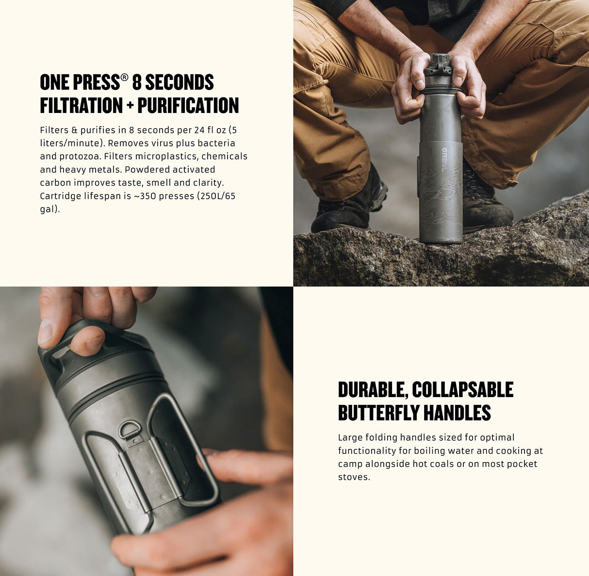 Geopress Ti water filter bottle for outdoor survival and emergency preparedness, shown in dynamic setting