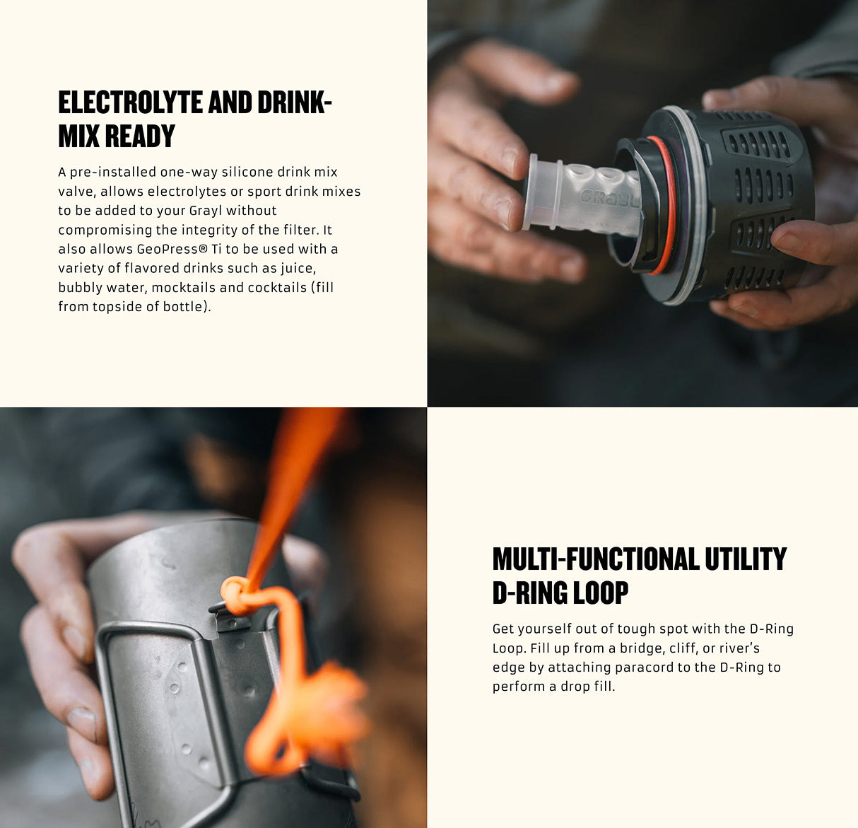 Grayl GeoPress Ti water filter bottle on outdoor terrain, essential for survival and emergency preparedness.
