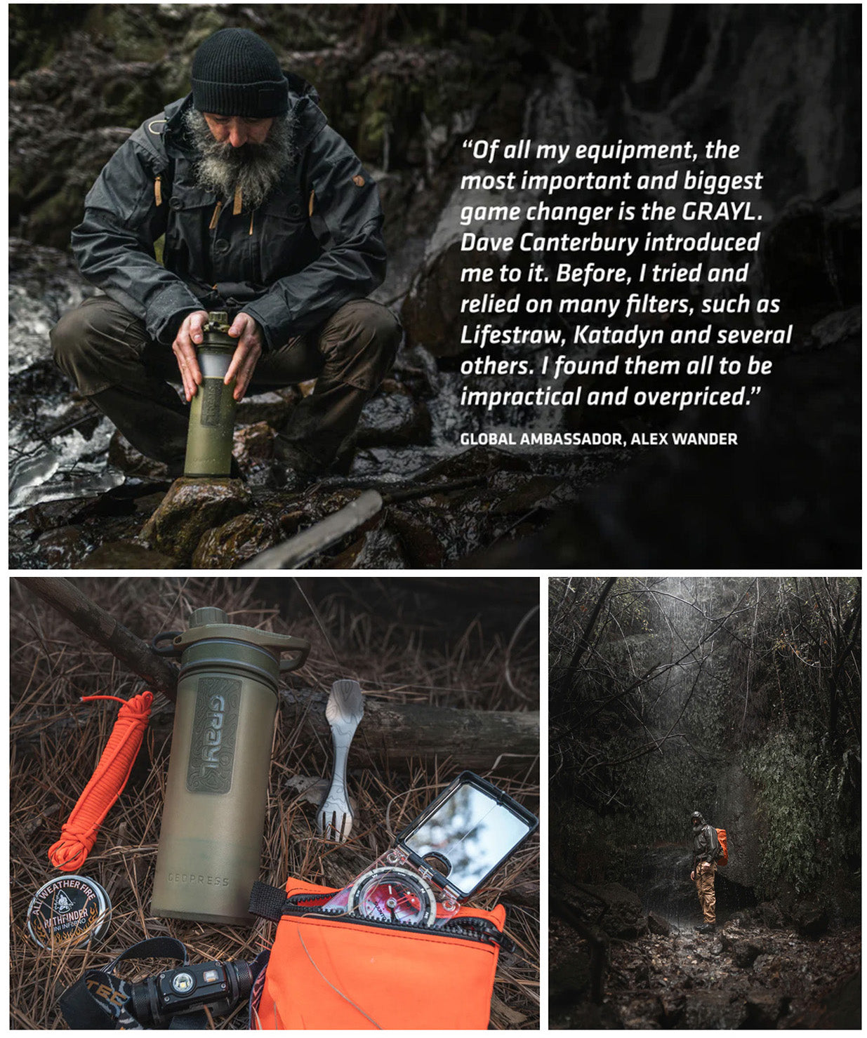 Grayl Covert water purifier bottle on rugged outdoor terrain, ideal for survival and emergency preparedness.