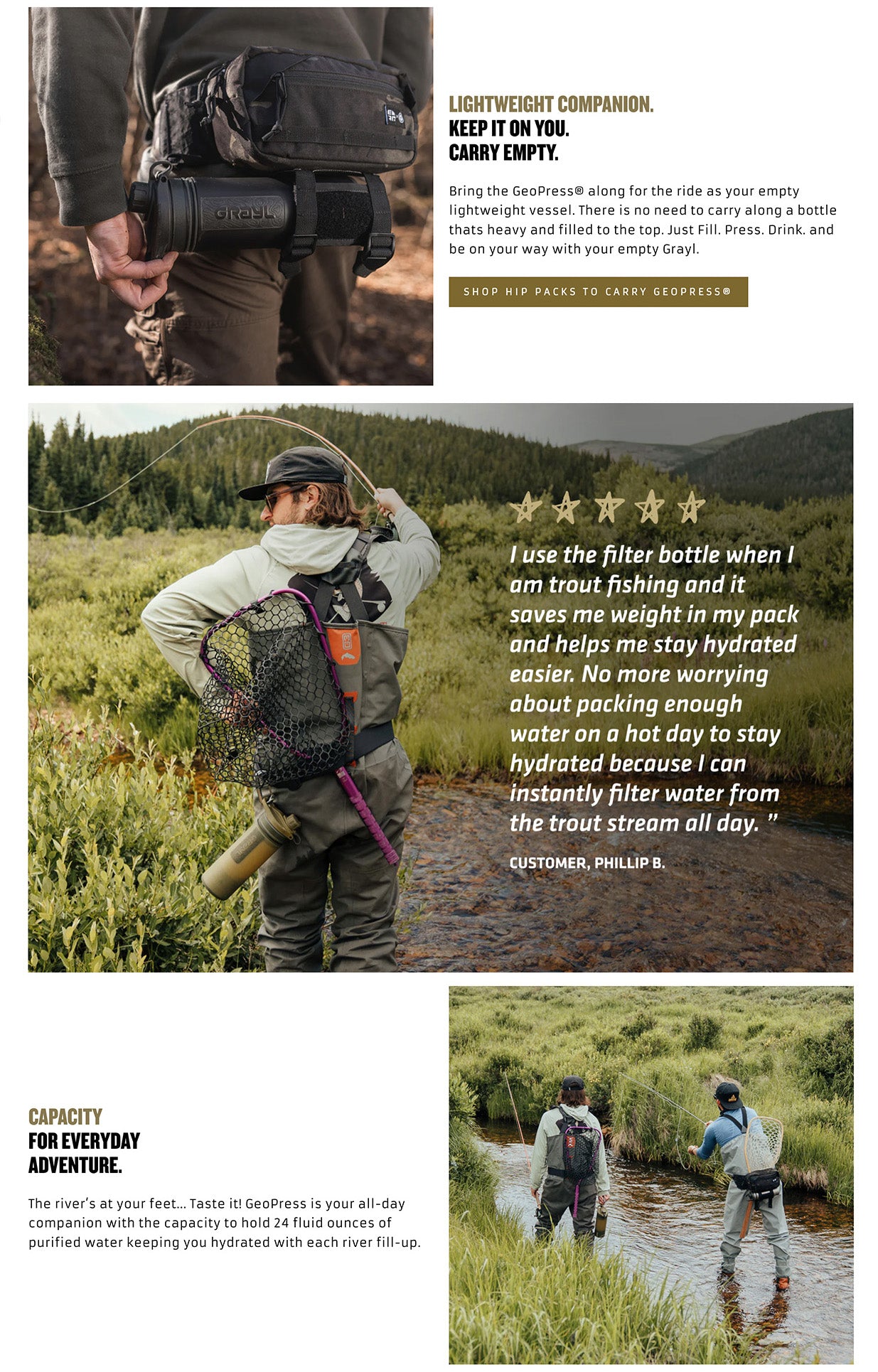 Grayl Covert water purifier bottle for outdoor survival and emergency preparedness, shown in dynamic setting