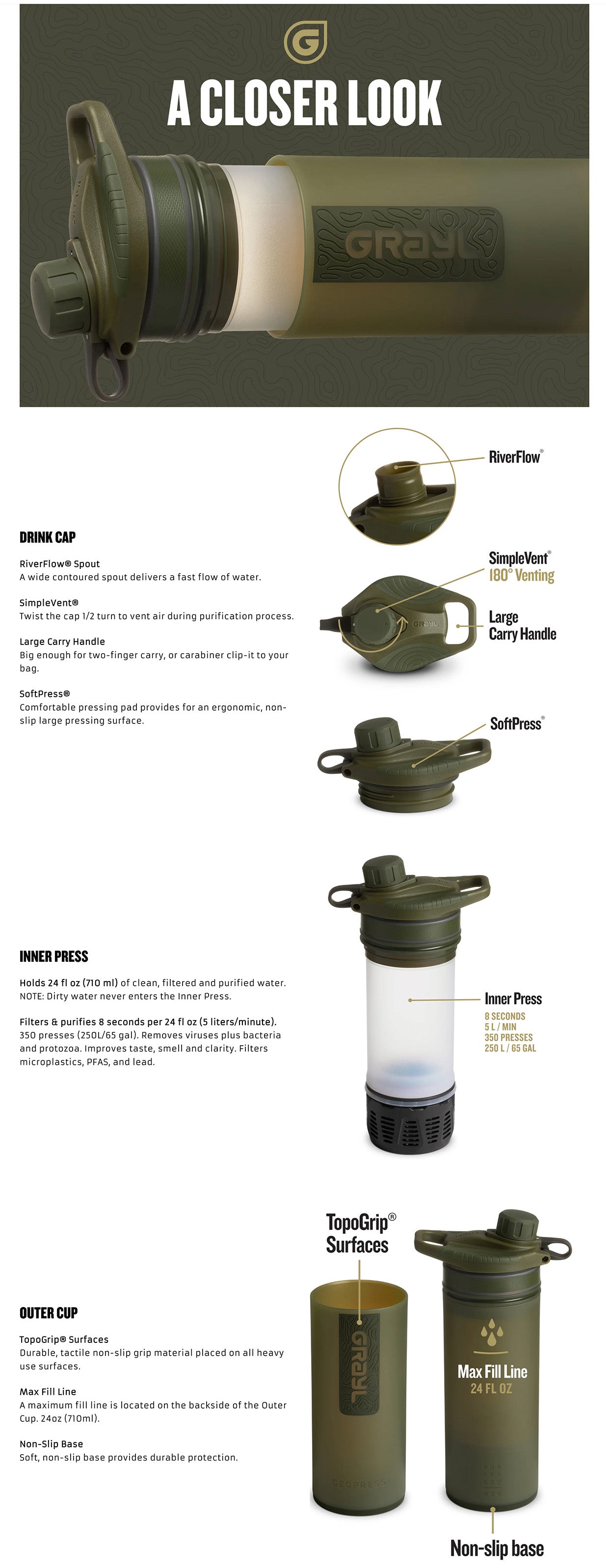 Grayl Covert water purifier bottle in rugged outdoor setting, ideal for survival and emergency preparedness.