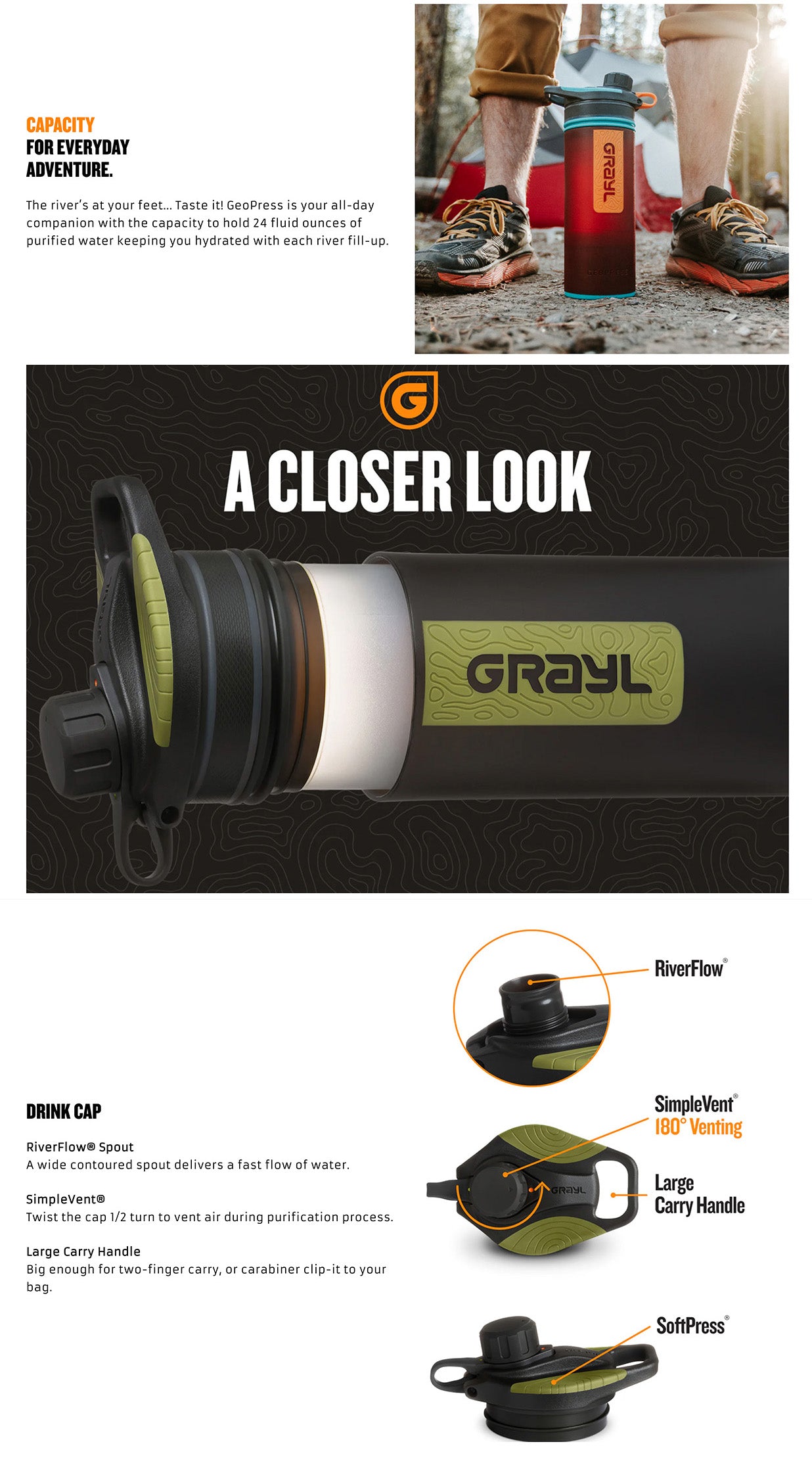 Grayl water purifier bottle in nature setting, essential for outdoor survival and emergency preparedness