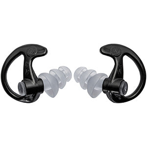Pair of black tactical earplugs designed for noise reduction in outdoor survival and emergency situations