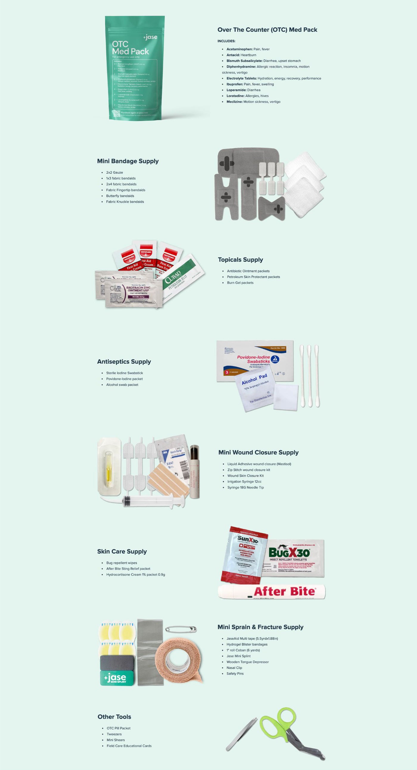 Jase medical supply kit contents including OTC medications, bandages, antiseptics, wound care tools, and emergency first aid supplies