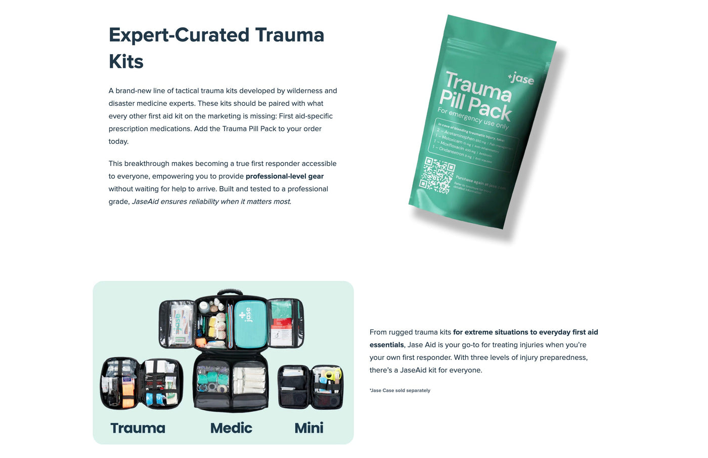 JaseAid trauma kits featuring trauma pill pack and complete first aid kits for emergency preparedness and professional-grade care