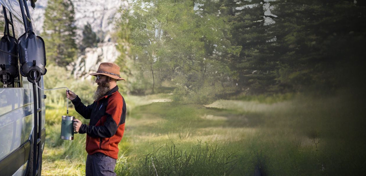LifeStraw gravity water filters for outdoor survival and emergency preparedness displayed in a natural setting