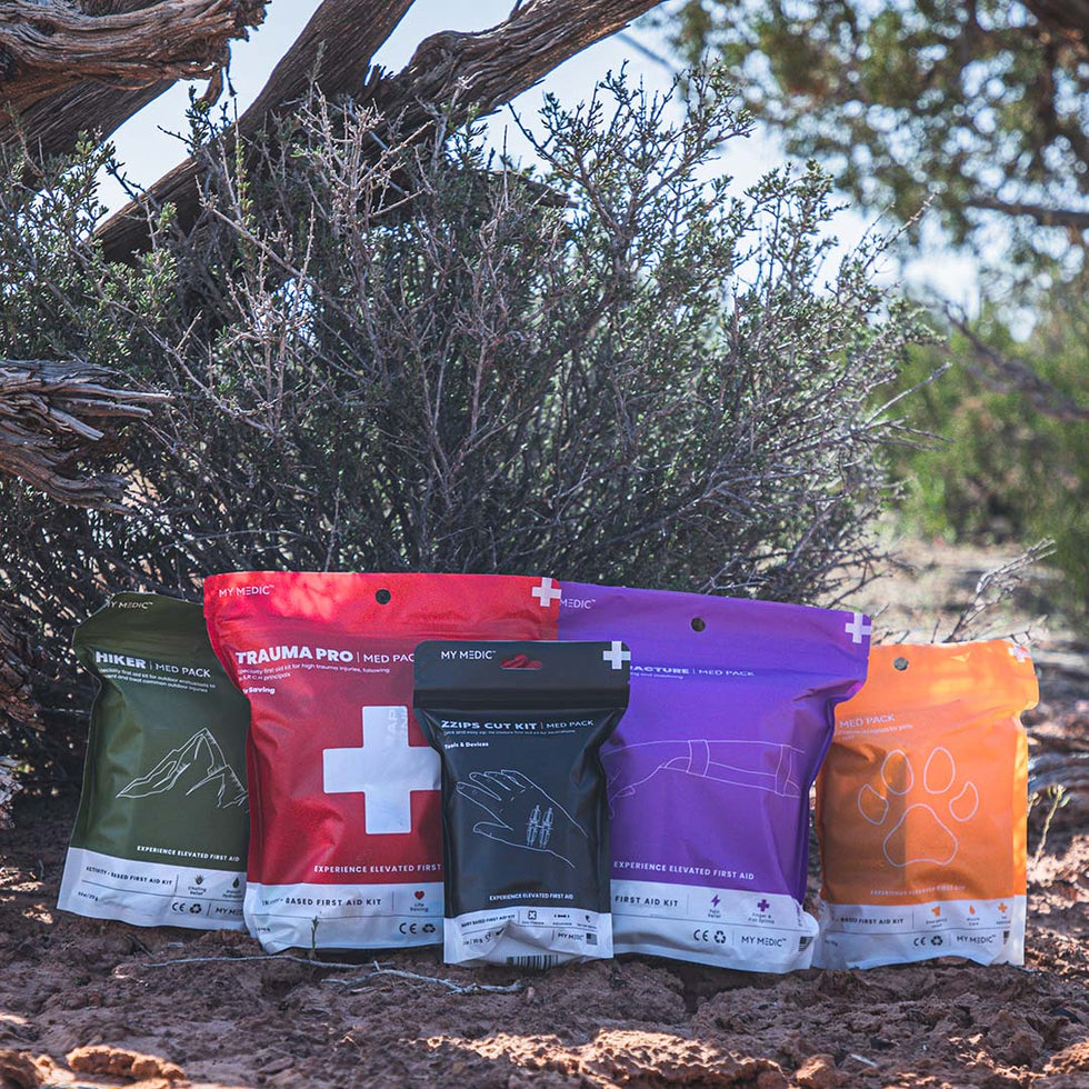 Tactical medical kit with various supplies for outdoor survival and emergency preparedness displayed on a flat surface.
