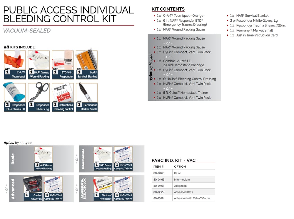 North American Rescue - Public Access Individual Bleeding Control Kit - Vacuum Sealed