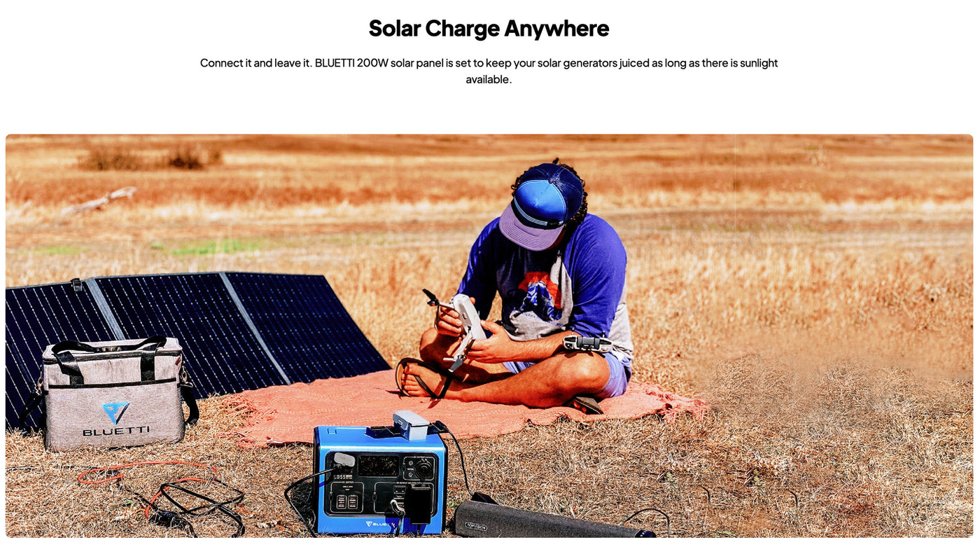 Portable solar panel for outdoor survival and emergency preparedness, model PV200, unfolded and angled.