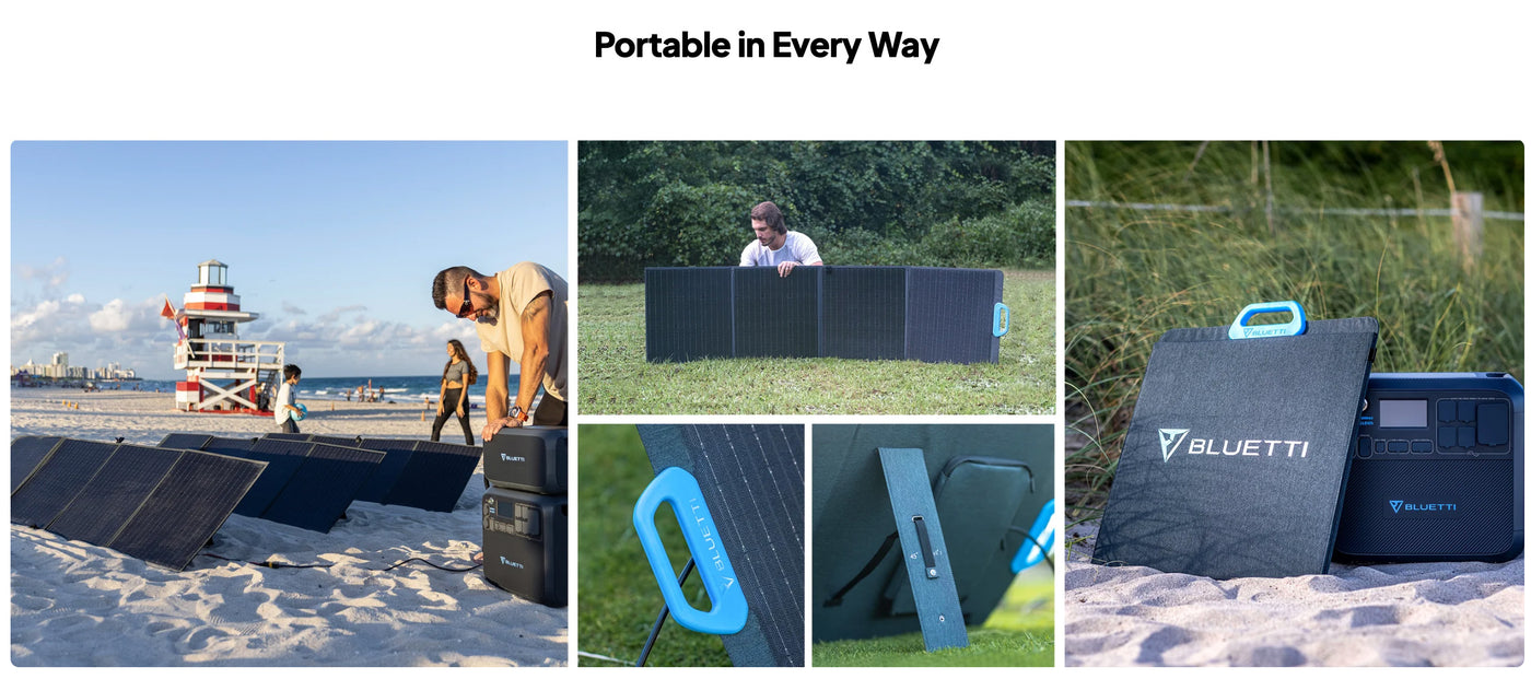 Portable solar panel for outdoor survival and emergency preparedness, model PV200, unfolded on grass.