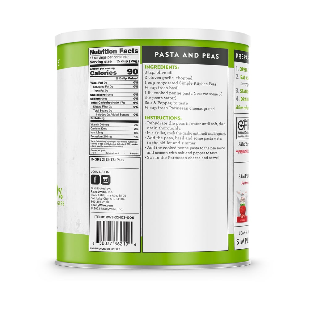 ReadyWise - Simple Kitchen Freeze-Dried Peas - 17 Serving #10 Can